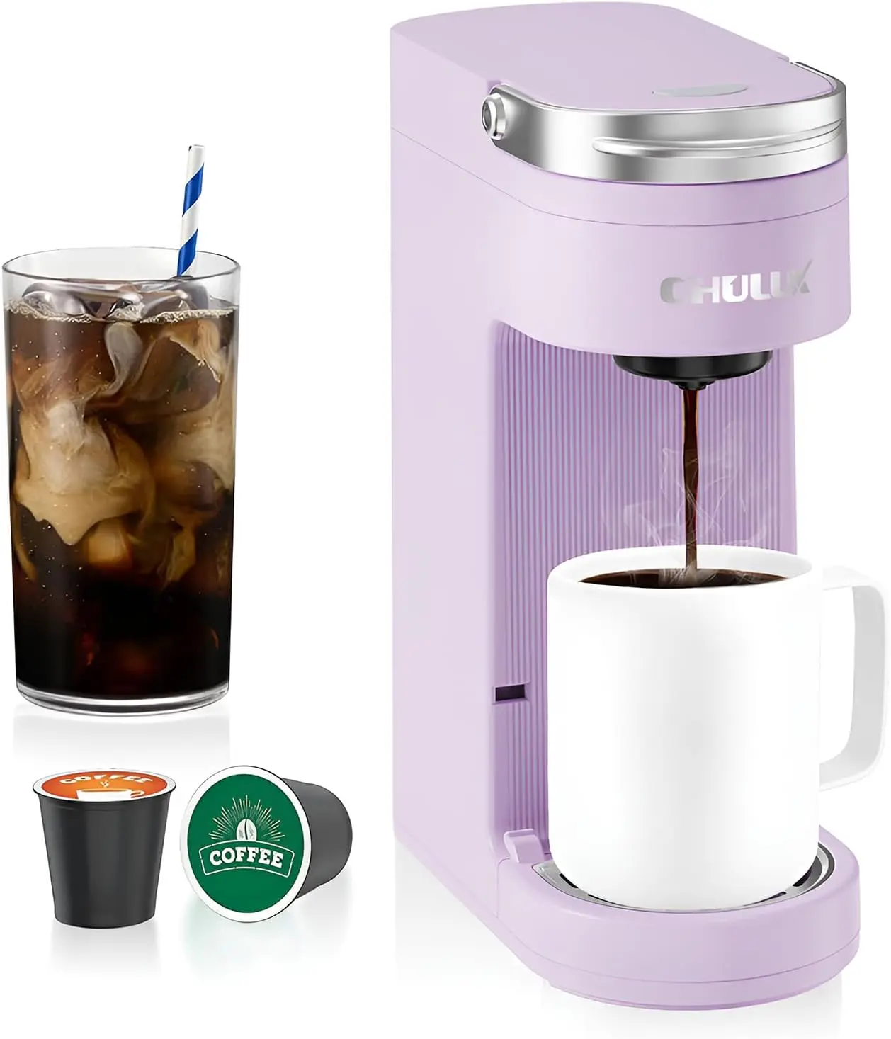 

Slim Single Serve Coffee Maker for K Pods, Fits Travel Mugs Up to 7.3", Adjustable Brew Sizes 6-12oz, Lavender