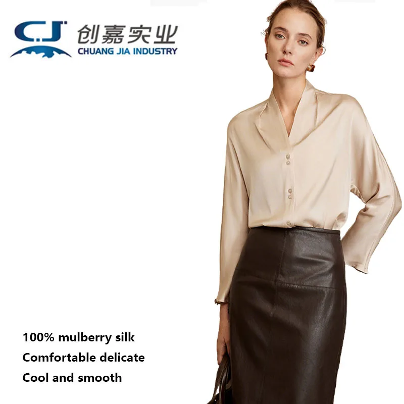 100% Silk Women's Shirt Long-sleeved V-neck Top Elegant Stylish for Business Casual Wear Comfortable Cool Suitable Spring Summer
