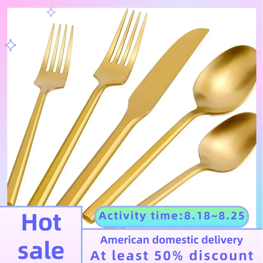 Silverware Set Flatware Set Matte Gold Cutlery Set Heavy Hexagon Handle Stainless Steel 60 Pieces Dishwasher Safe Service for 12