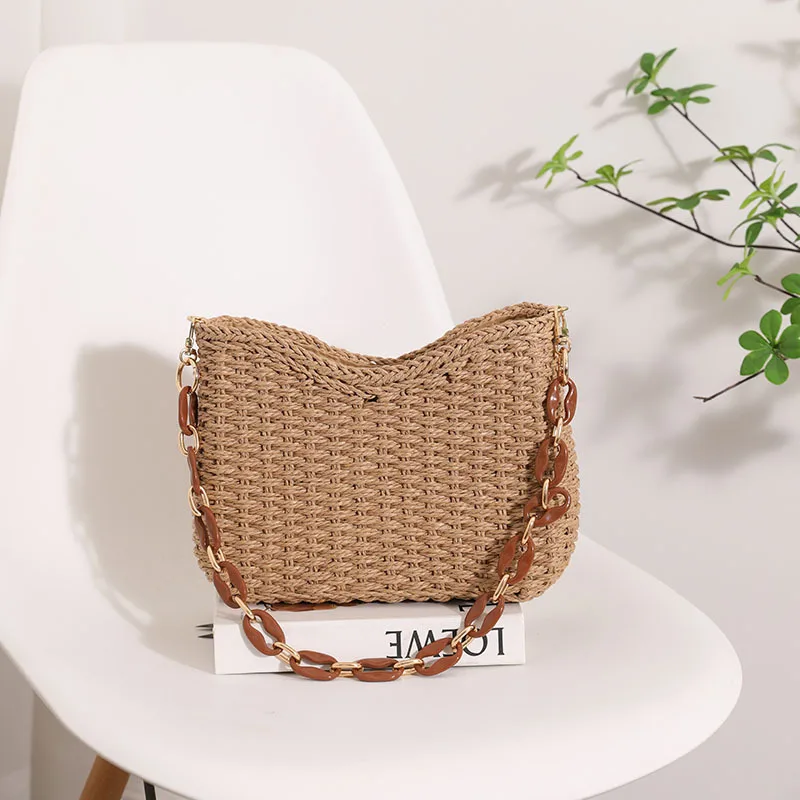 Bolso informal de mimbre tejido para mujer, bandolera de hombro de paja, grande, para playa, verano, 2021