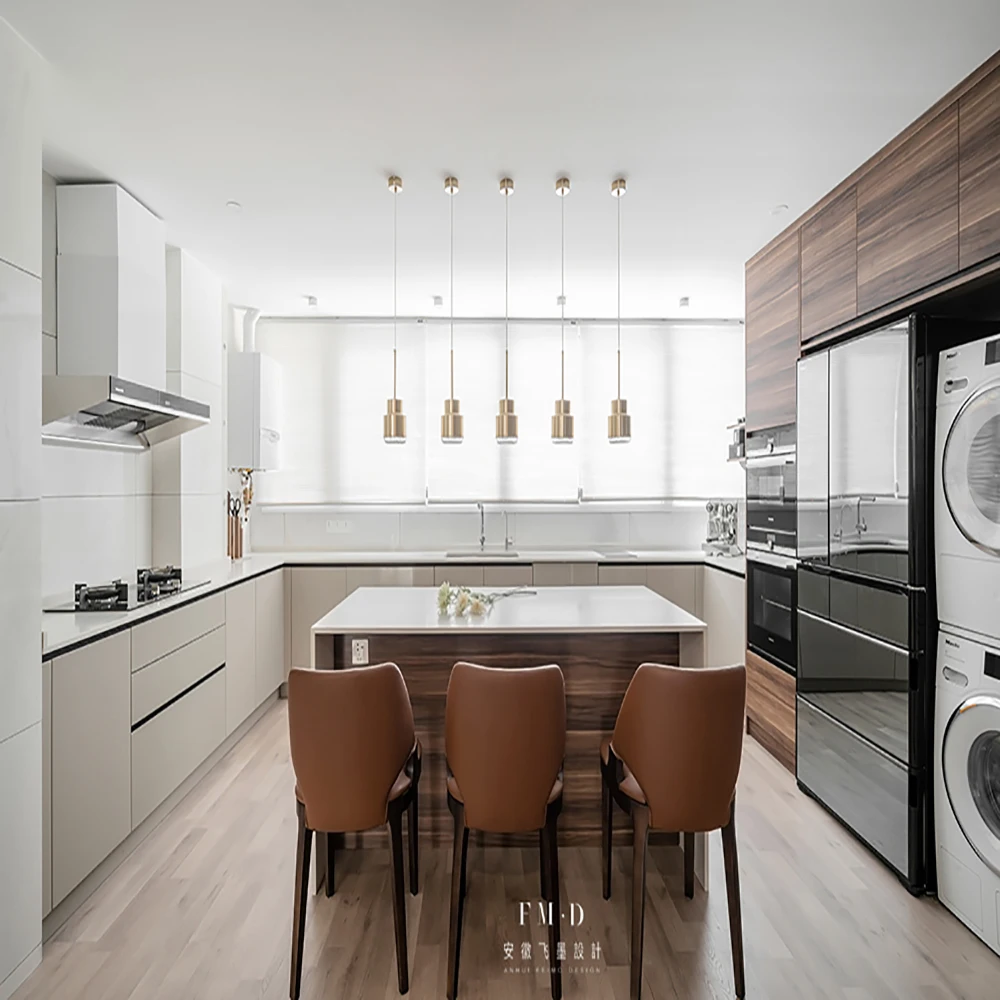 أثاث المطبخ المصنوع حسب الطلب على شكل حرف U، مجموعة خزانة المطبخ الحديثة ذات الجدار الكامل من الميلامين