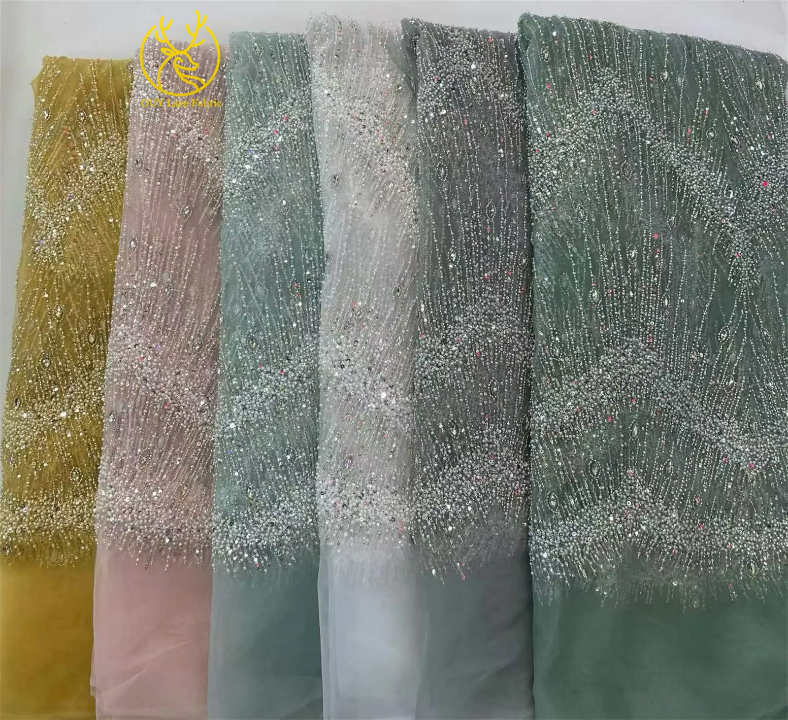 Rosa Hochzeitskleid, afrikanischer Pailletten-Spitzenstoff, 5 Yards, neuer französischer Stein-Pailletten-Tüll-Spitzenstoff für nigerianisches Hochzeitskleid – Detail 3