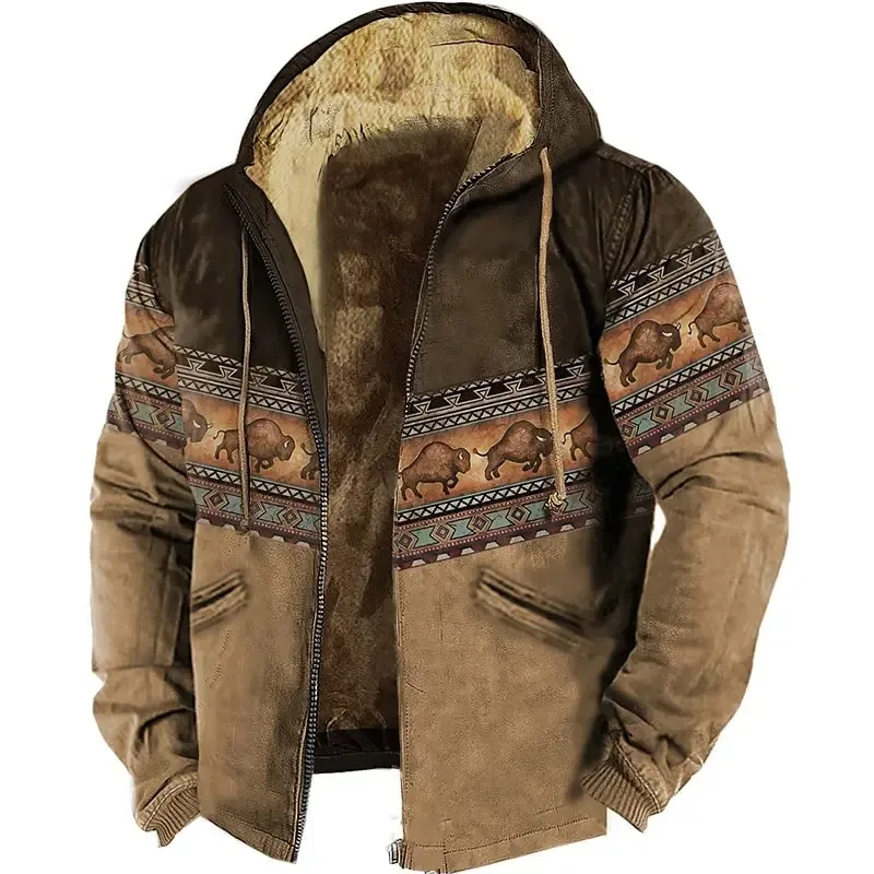 Sweats à capuche zippés en polaire pour hommes, veste à capuche décontractée, sweat-shirt à manches longues, motif graphique de bison tribal, vêtements d'hiver