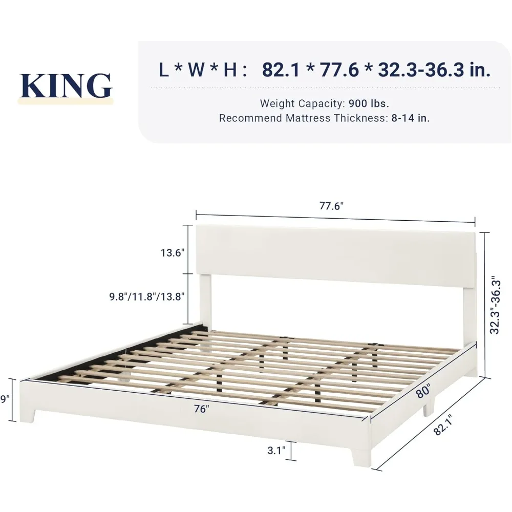 King Size Bed Frame with Adjustable Headboard, Faux Leather Platform Bed with Wood Slats, Heavy Duty Mattress Foundation