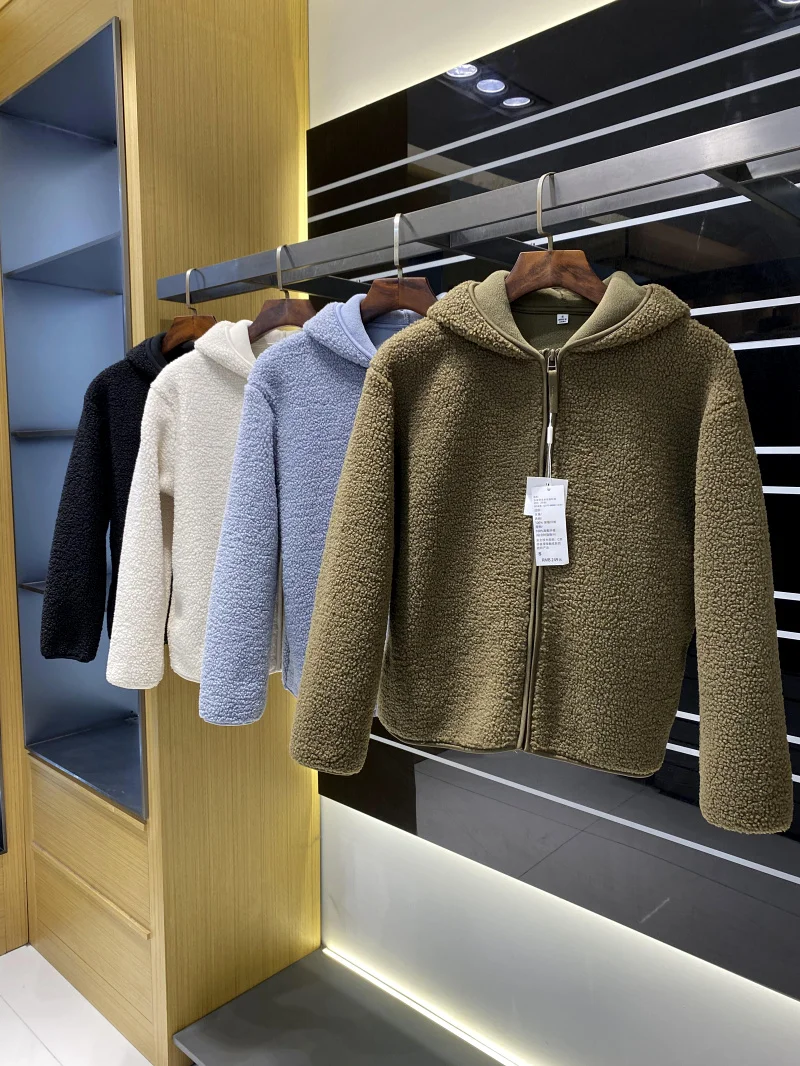 Thiened 両面フェイクシープスキン ロングスベ ジッパーコート 暖かい ルーズフィット 通勤用 スレ ポリエステル繊維 オルト アウターウェア