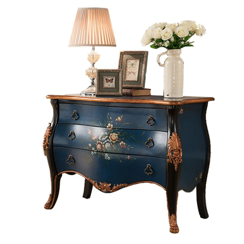 

European solid wood 3-drawer cabinet American corner cabinet hand-painted blue decorative storage furniture