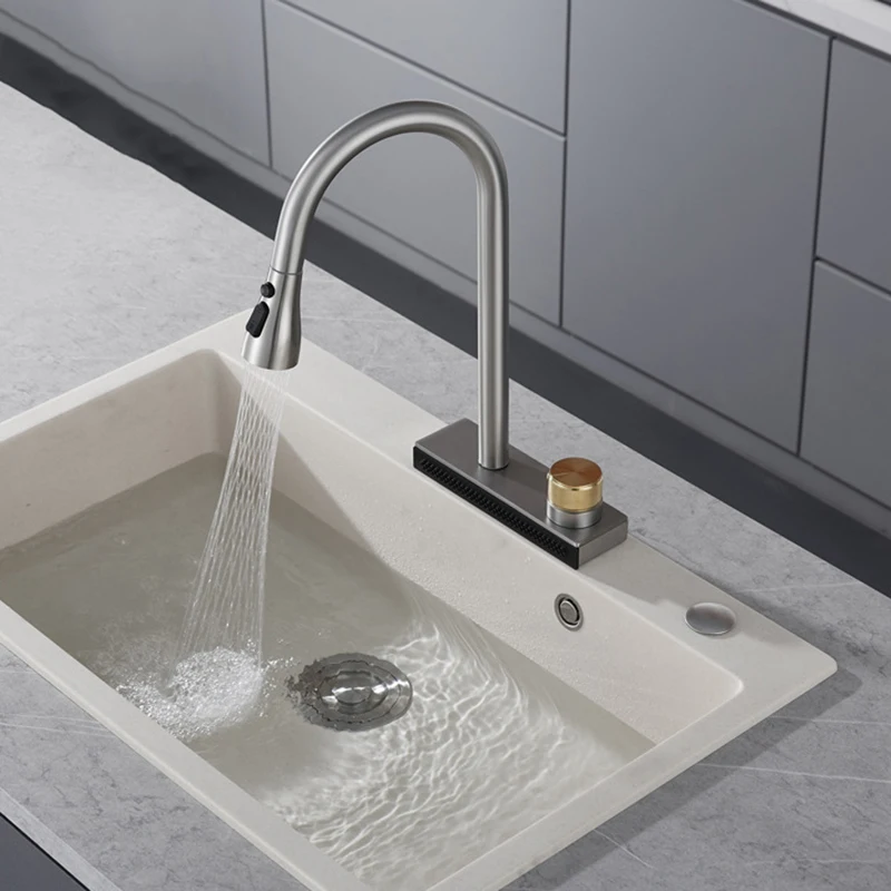 

Gun Grey Pull Out Kitchen Sink Faucet Waterfall Water Single Hole Hot&Cold Mixed Basin Faucet Multi-functional Water Sink Tap