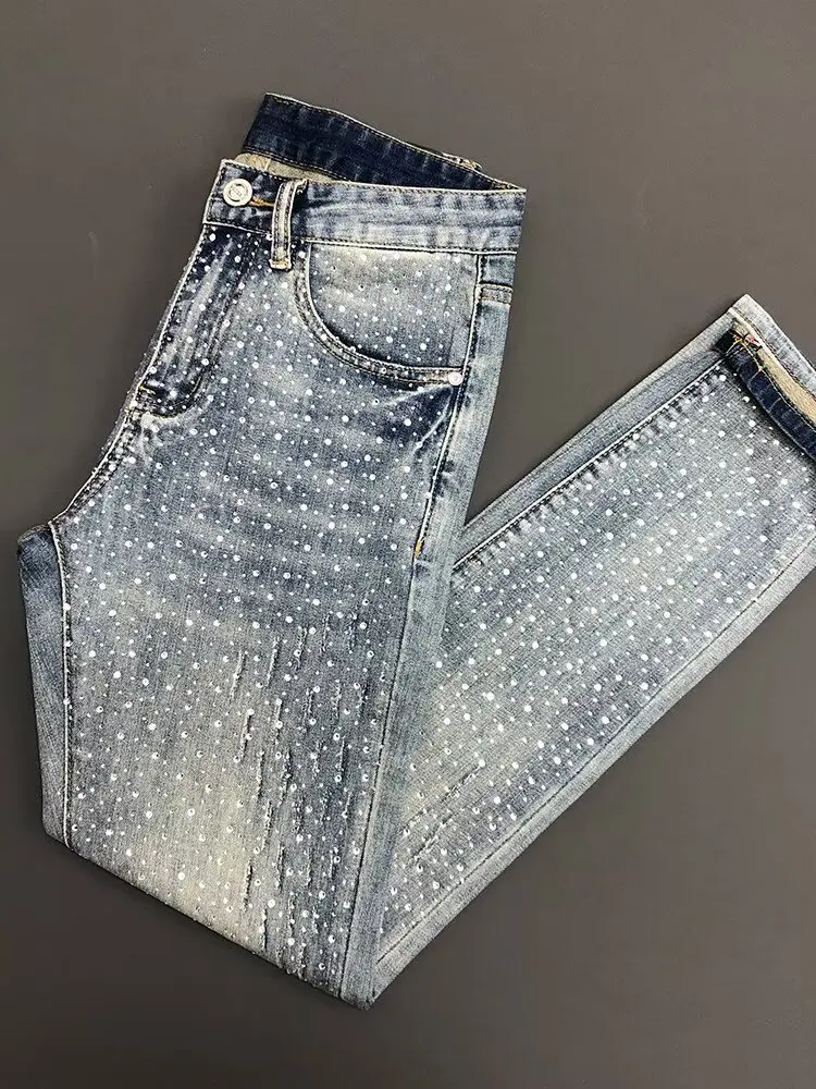 

Faionable Slim Fit Men's Jeans with Rhinestones Distred Light Colored Small Footed Pants Spring New Arrival Casual Wear