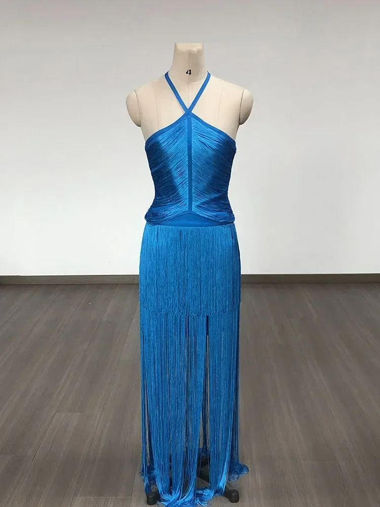 2025 sexy borla design conjunto de duas peças feminino azul halter sem costas colheita superior + franja bandagem saia ternos festa à noite clube conjuntos