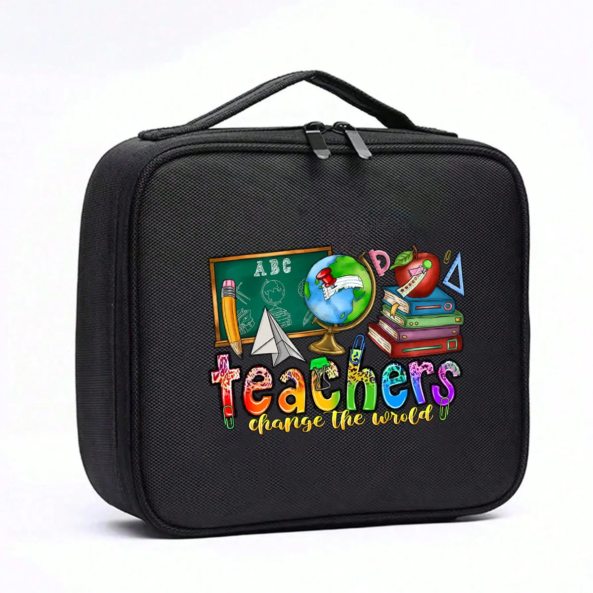 Teacher's Day Flower and Black Shell, Adjustable Partition, Travel Makeup Bag, Large Professional Portable Makeup Bag