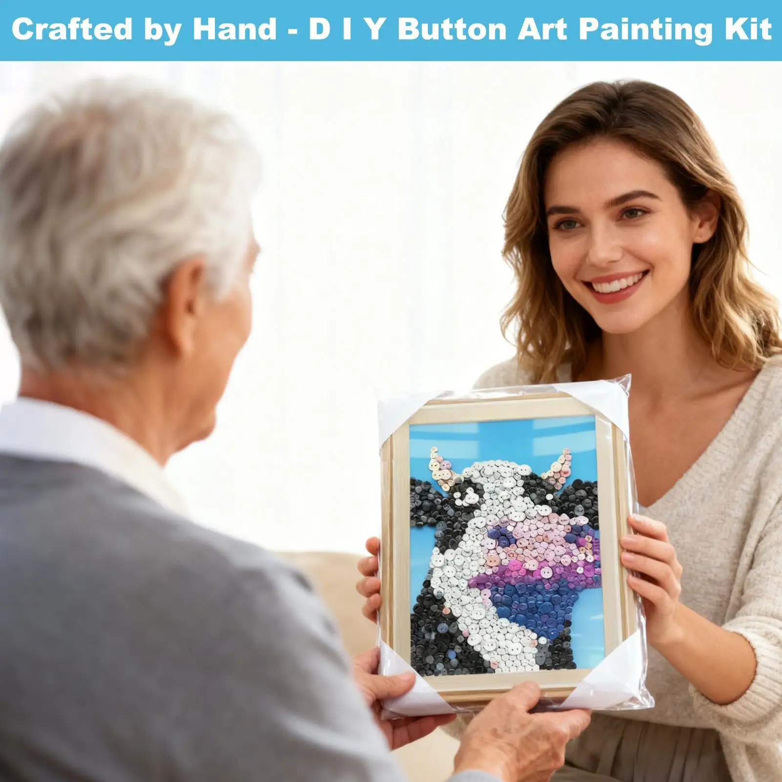 

Button Art Painting Kit Educational With Frame Resin Button Cow Painting Craft For Living Room Bedroom Classroom Boys Girls Kids
