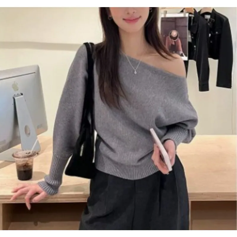 Batwing Long sleeve Knitted Pullover Women 300g Thick Off shoulder Top Korean Fashion Sweater Loose Casual Autumn Outwear Pull