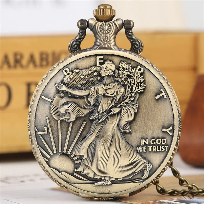 

Vintage Statue of Liberty Commemorative Coin 1 Oz Fine Design Full Hunter Quartz Analog Pocket Watch for Men Women Fob Chain