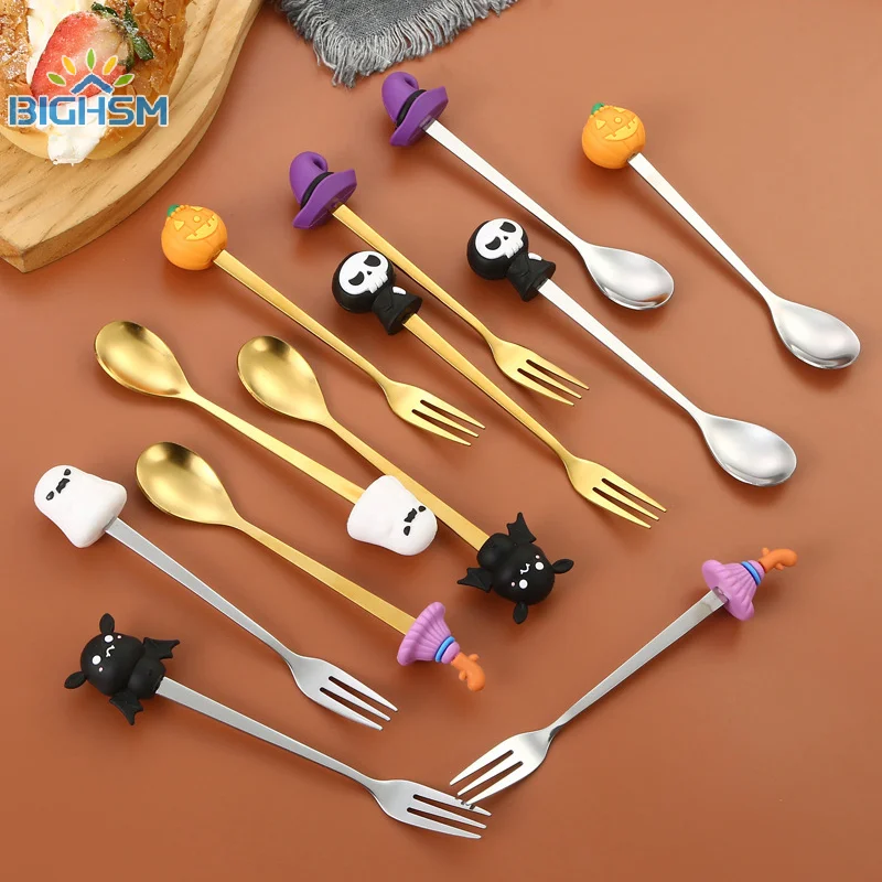 4 pz/set regali di Halloween cucchiai da caffè in acciaio inossidabile ciondolo in stile Halloween forchetta per torta Set di posate da pranzo per feste a tema