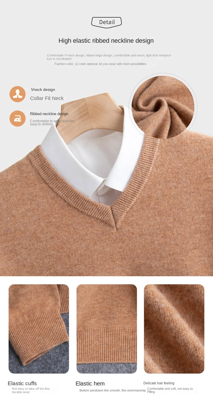 100% reiner Merinowollpullover für Herren, V-Ausschnitt, Strickpullover, große Größen, Kaschmir, Herbst/Winter, neuer Langarmpullover, hochwertige Oberteile – Detail 7