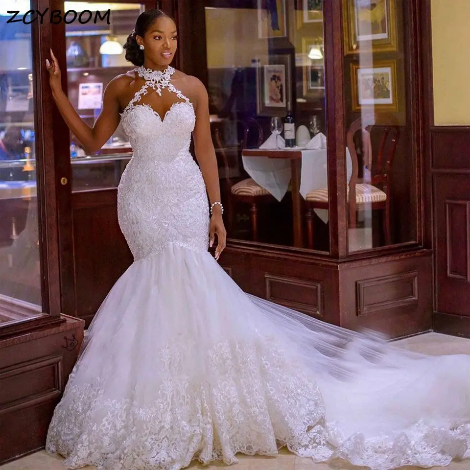 Luxury Lace Appliques Halter Neck Beaded Ruffles Mermaid Wedding Dresses 2025 Court Train Tulle Bridal Gowns For African Women