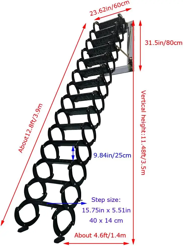 Attic Ladder, Wall-Mounted Loft Ladder Stairs, Al-Magnesium Alloy Pure-Black Wall Folding Stairs, 23.6X31.4In Extension Ladder