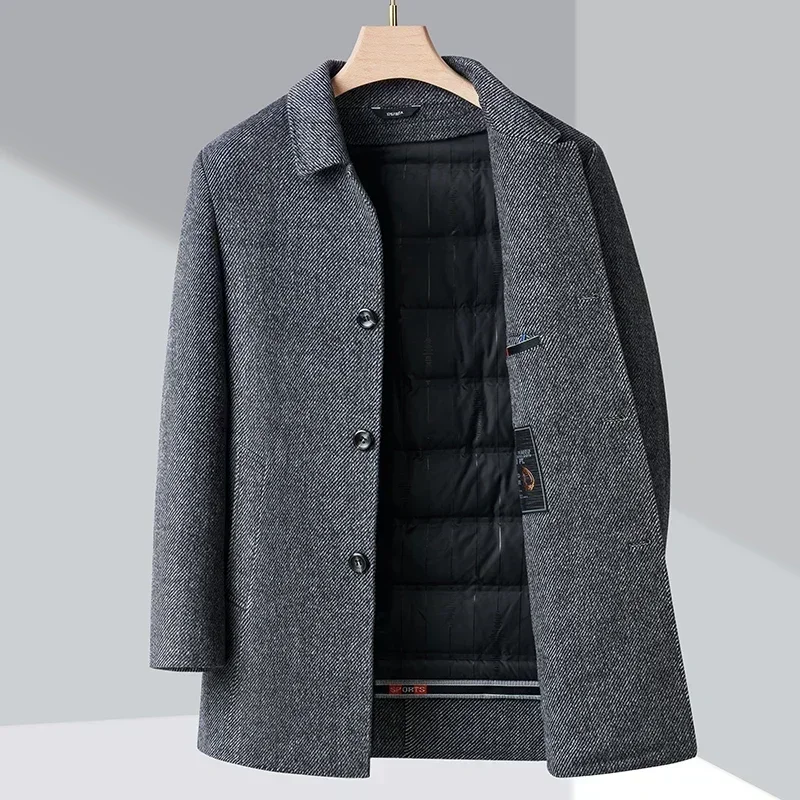 Double-faced wool coat men's cashmere jacket with detachable goose down lining light casual clothing tops