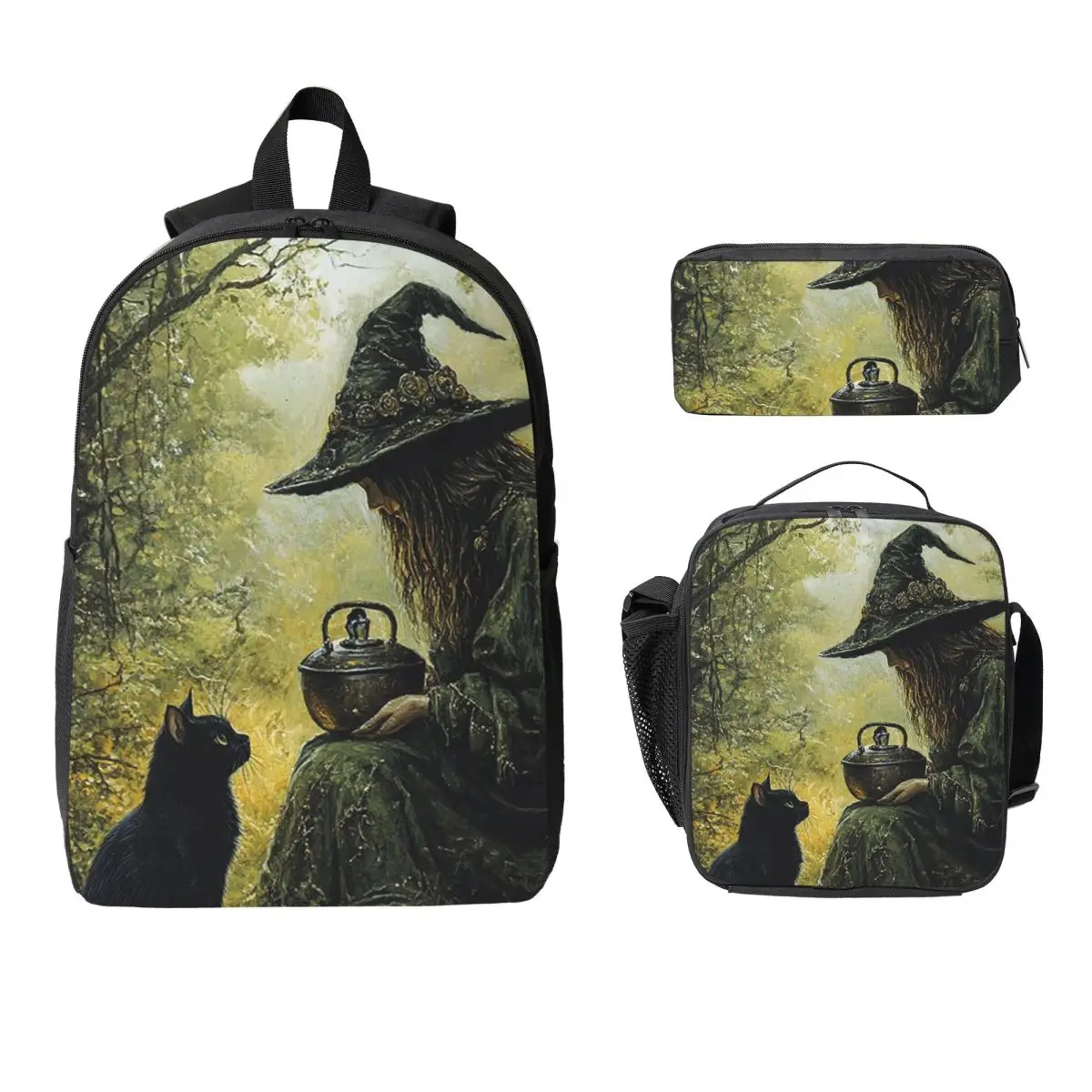 Enchanting Witch And Cat Fantasy Potion Backpack BookBag School Bag Laptop Shoulder Bags 3ps Insulated Lunch Bag Pencil Case
