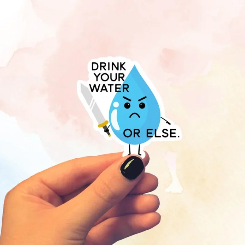 

1PC "Drink Water or Else" Vinyl Sticker Cute Water Drop with Sword Glossy Hydration Reminder Decal Reusable for Bottle Laptop