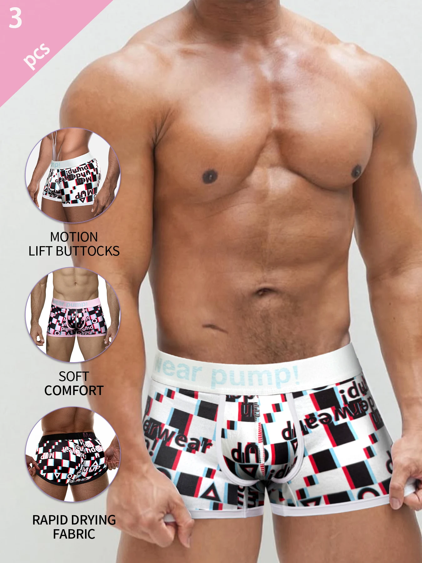 

3PCS Grid Boxers For Men European American Style Underwear Sports Low Waist Personality Trend Men's Boxershorts Comfortable