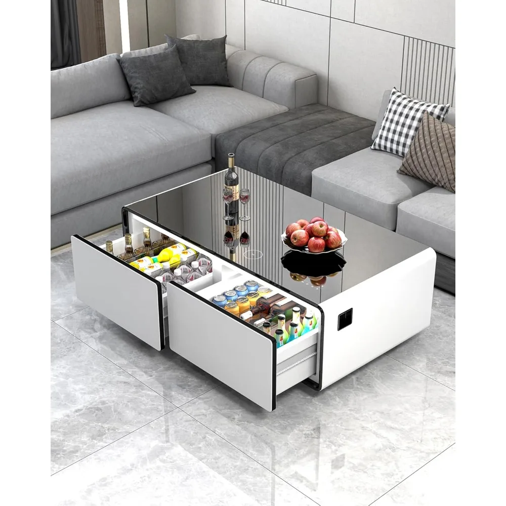 

Living Room Table with Built in Fridge and Speakers, Smart Table with 15W Wireless Charging, USB Chargers and 110V Outlets