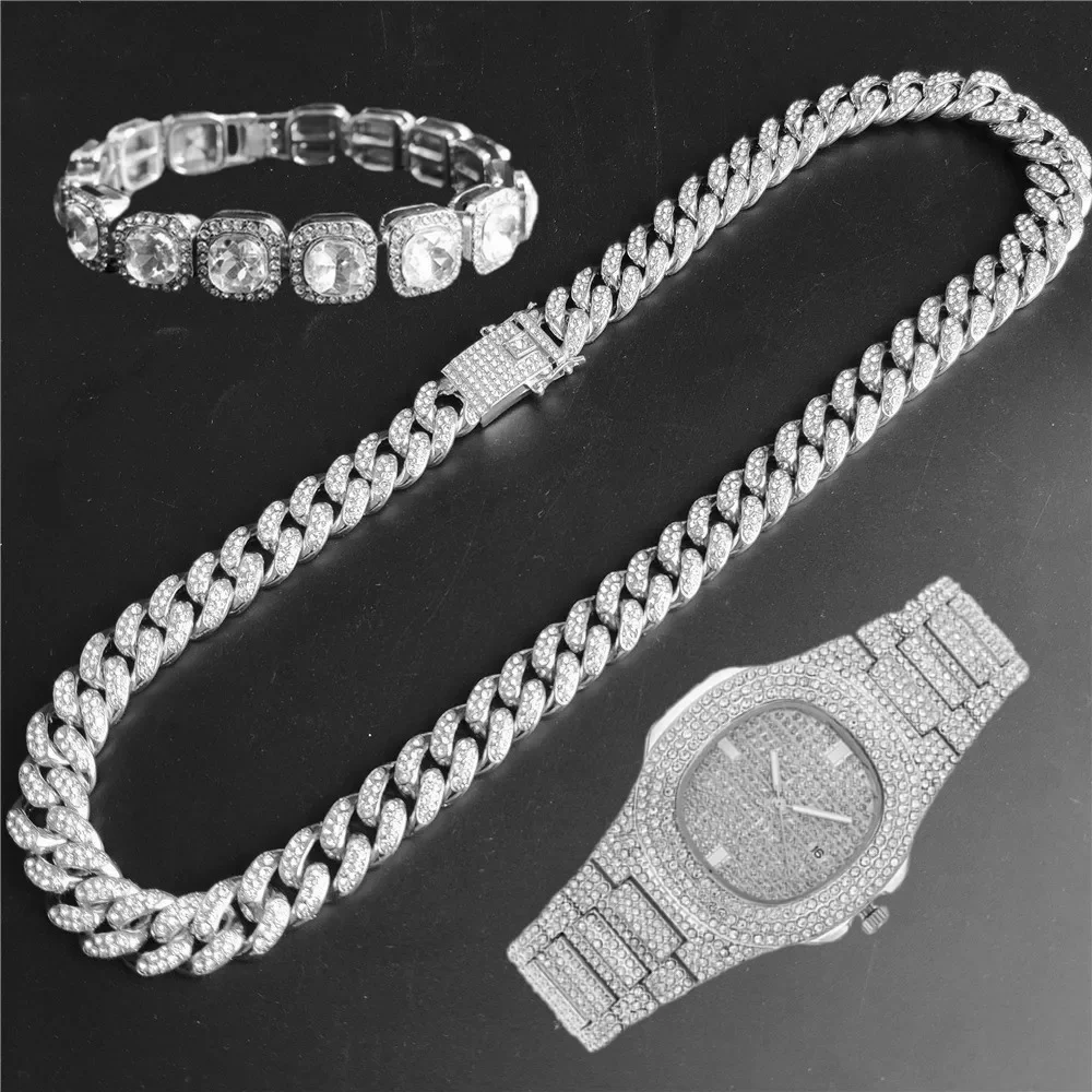 

12mm Tennis Necklace +baguette Watch+bracelet Combo Sets Hip Hop Chain Iced Out Bling Paved Rhinestones For Men Jewelry set