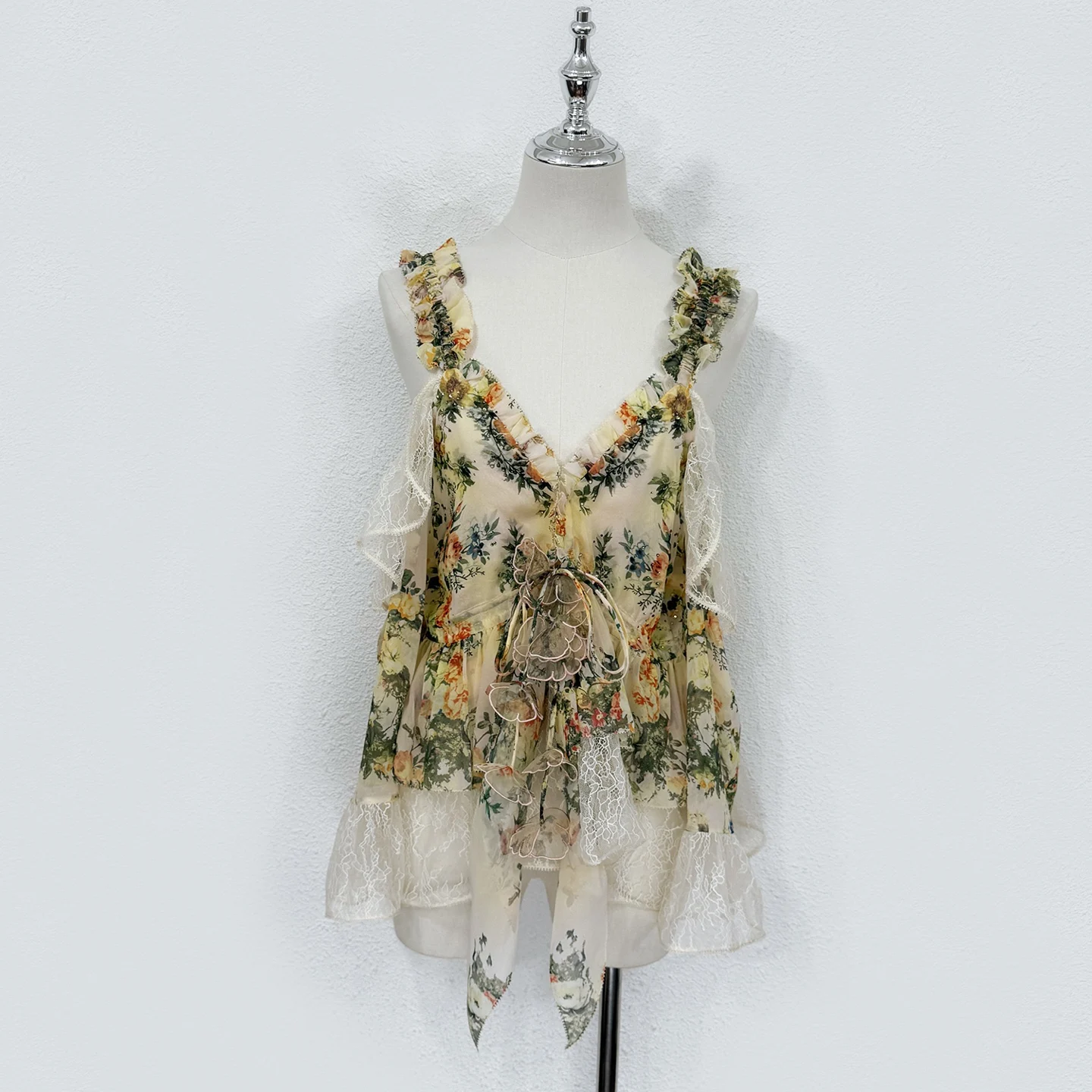 Summer Fashion Vintage Floral Print Silk Spaghetti Strap Top Women's V-Neck Strapless Appliques Lace-Up Flounces Sleeve Tops