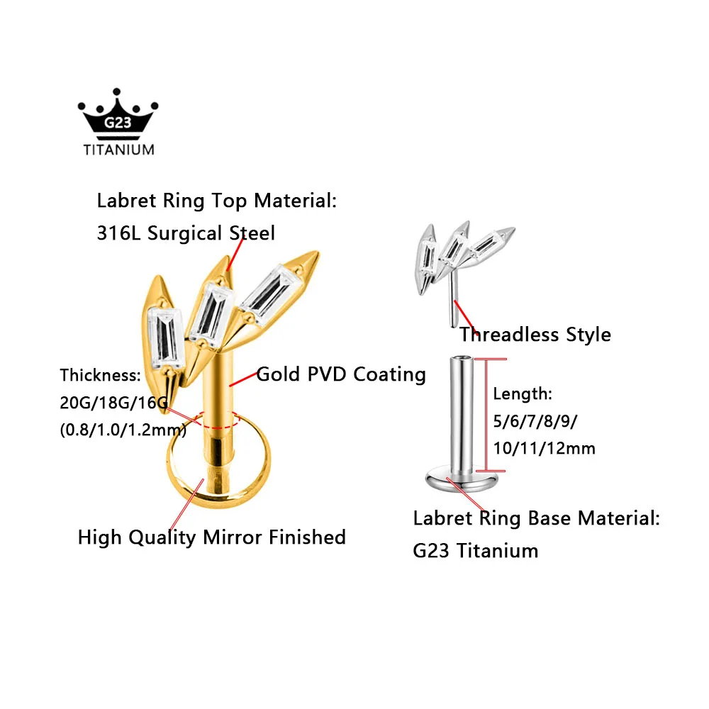 ASTM F136 G23 flor de titanio corazón estrella gota sin rosca Piercing pétalos hoja Luna Pin Push in Labret Stud Daith Concha pendiente