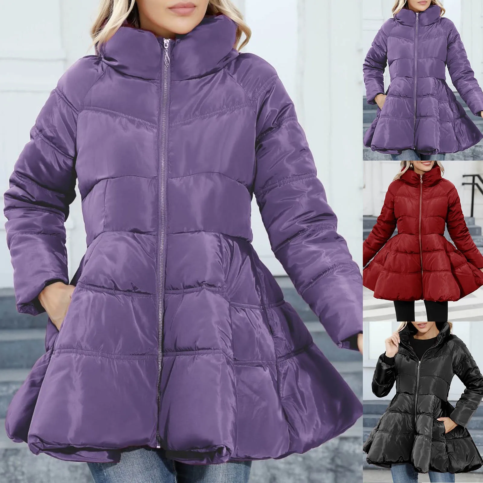 New Winter Jacket Women's Warm Fashion Bow Belt Zipper cotton-padded Coat Long Dress Womne's Thick Coat Skirt Type Slim-fit coat