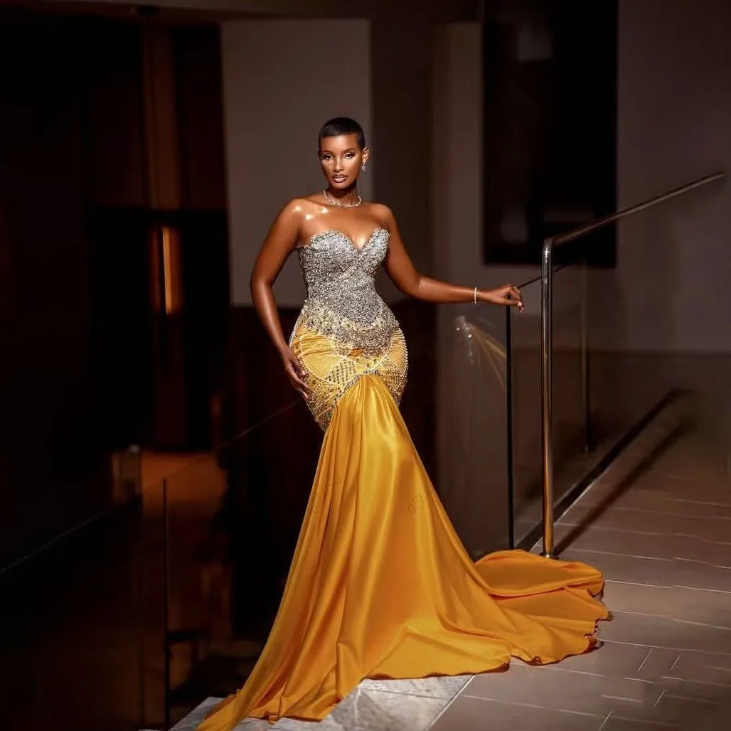 

Gorgeous Formal Party Dresses Trumpet Aso Ebi Style Gold Prom Gowns Beads Mermaid Long African Wedding Guest Dress Beading