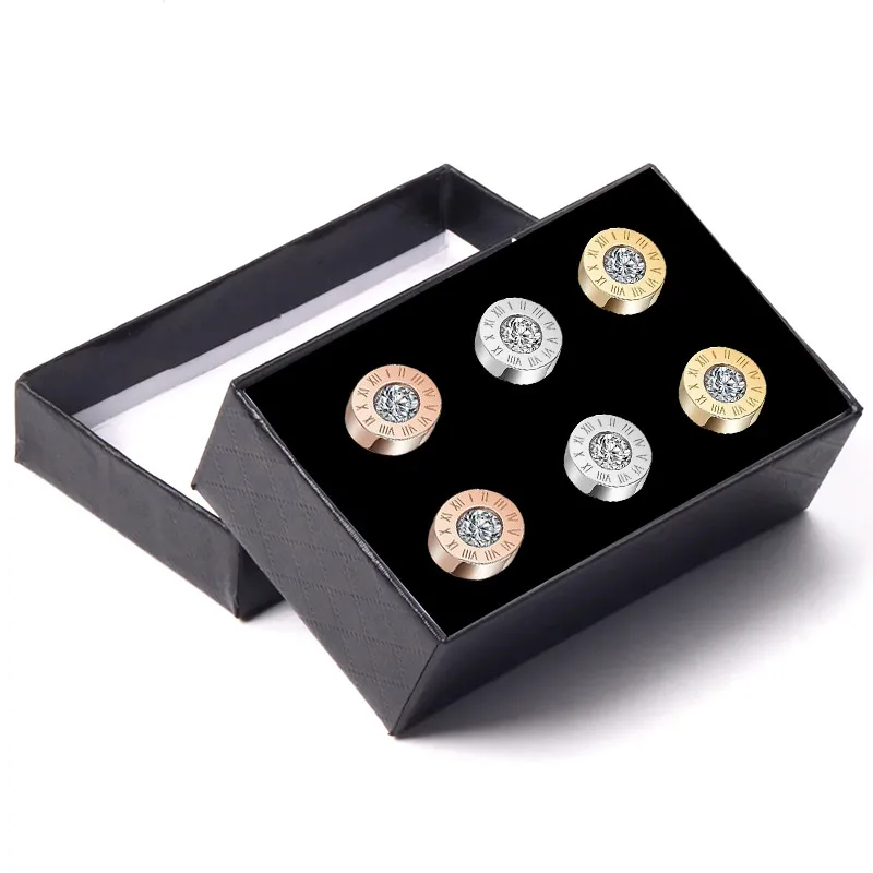 316L Stainless Steel 3 Pairs Large Crystal Laser Roman Numerals Stud Earring Set Women\'s Jewelry Gift Romantic And Elegant