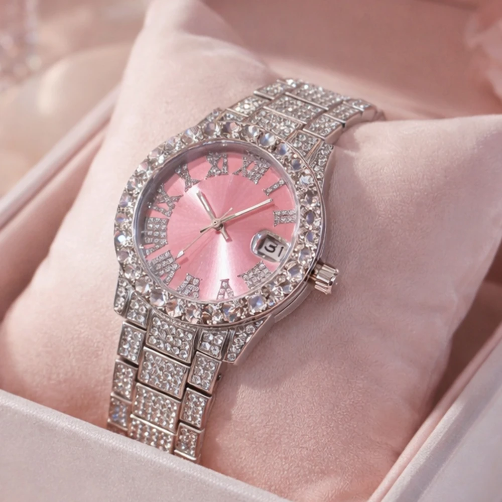 Elegant Women's Watch Pink Small Dial Fashion Dresses Diamond Watch For Ladies Luxury BlingBling Iced Mini Wristwatches Gift