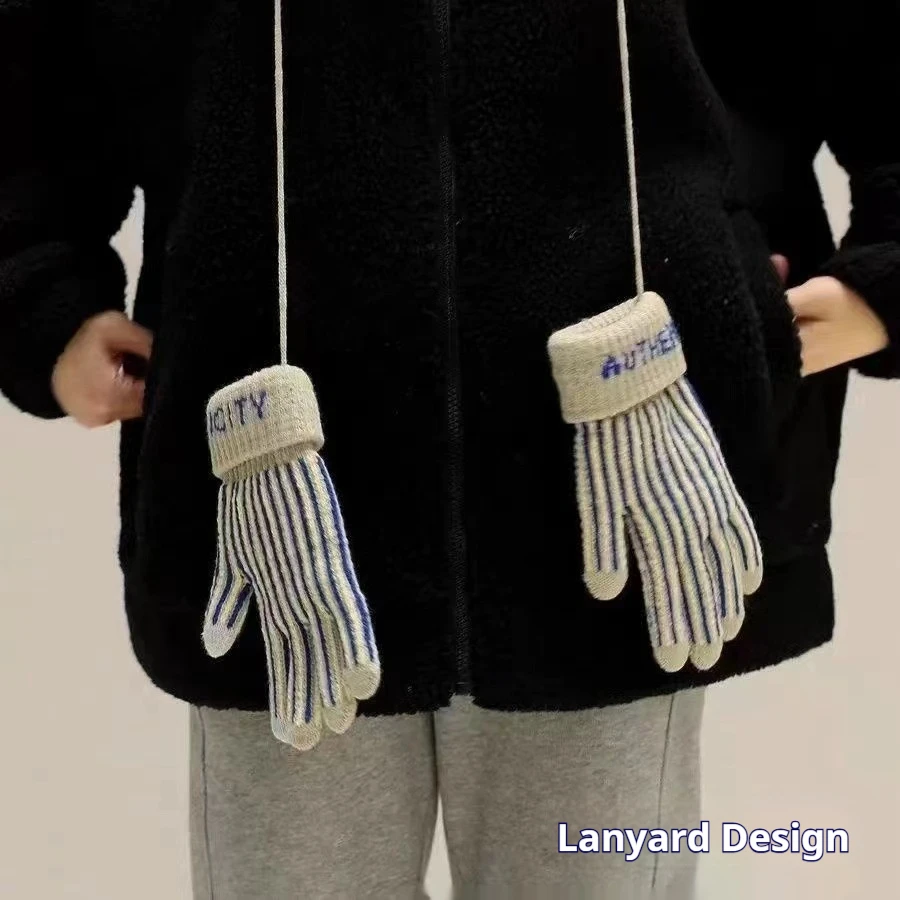 1 Pair of Striped Retro Fleece-Lined Touch-Screen Knit Gloves with Neck Strap, Warm for Cycling, Suitable for Men and Women, Autumn and Winter, Essential for Cold Weather, Perfect for Students, Holiday Gifts