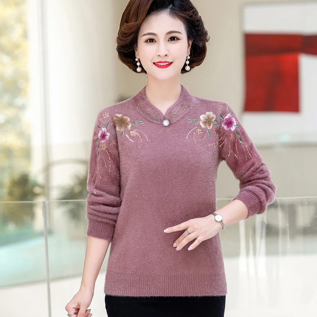 Autumn Winter Thicken Cashmere Sweater Women Imitation Mink Velvet Sweater Elegant Middle Aged Mother Pullover Knitted Jumper