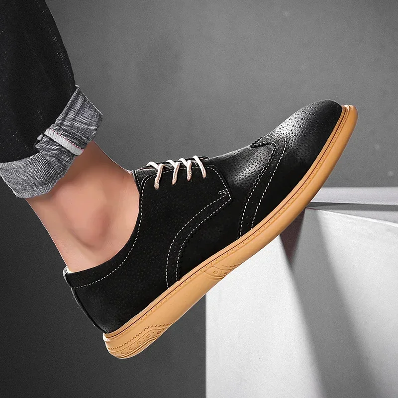 Zapatos Oxford de talla grande de cuero genuino para hombre, zapatos informales de lujo para hombre, zapatos de oficina Brogue de estilo británico, zapatos de ocio con cordones para hombre