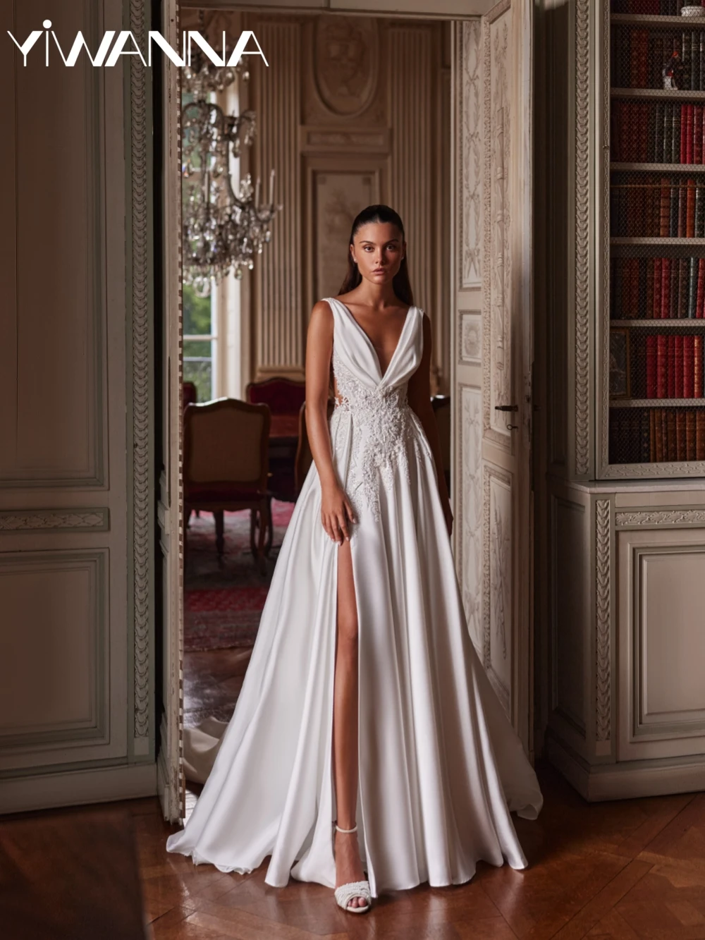 

Exquisite Beaded Lace Appliques Wedding Dress Sexy Deep V-neck High Slit Bridal Gown Customized Stunning Long Dresses For Bride