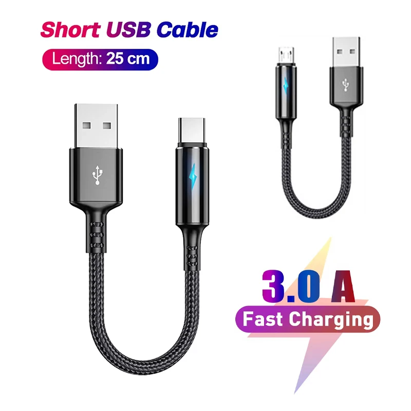 Câble court Micro USB de 0.25m, cordon de données de Type C, charge rapide, Portable, pour batterie externe, iPhone 15, Samsung, téléphone Android