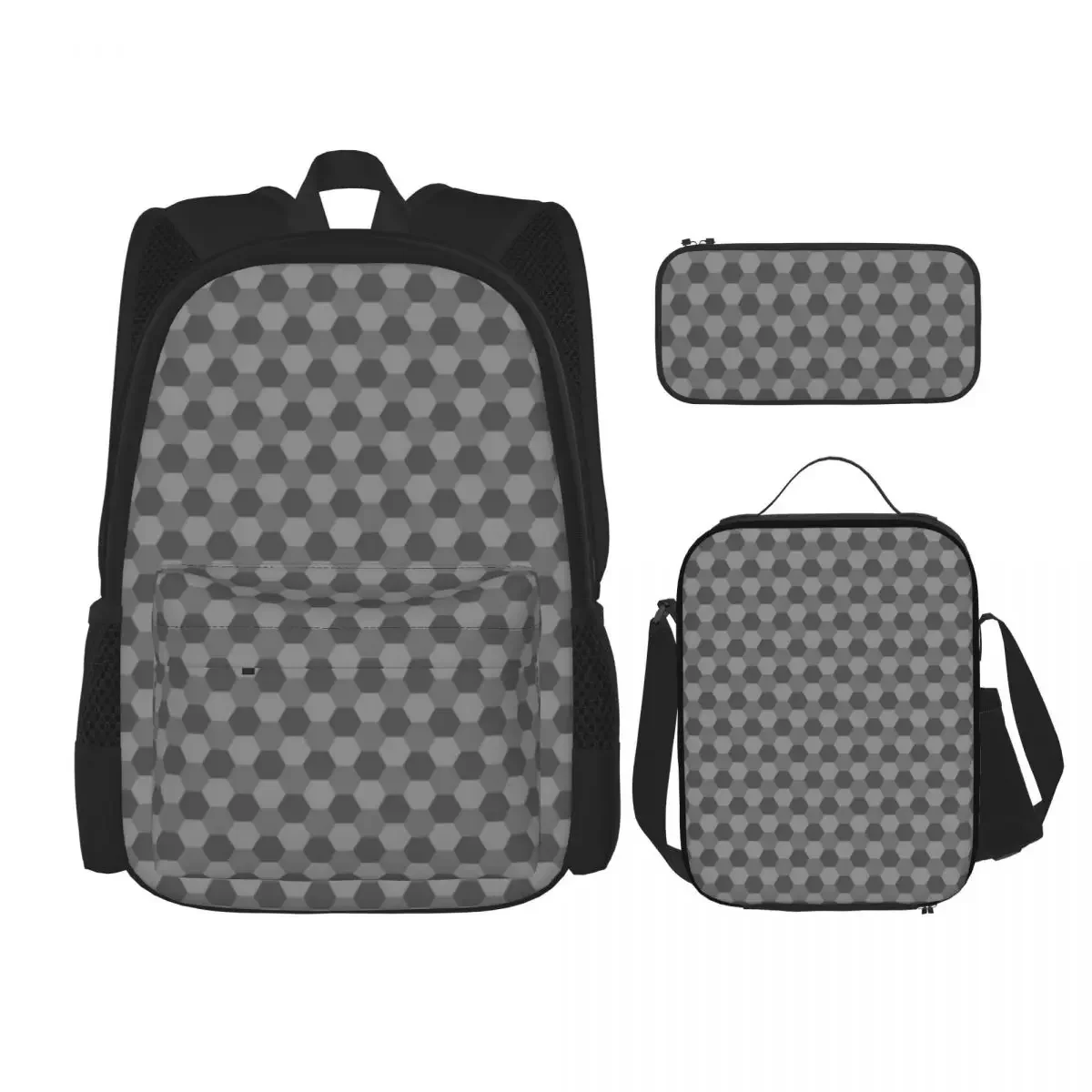 Hexagon Gray Pattern Backpacks Boys Girls Bookbag Students School Bags Cartoon Kids Rucksack Lunch Bag Pen Bag Three-Piece Set