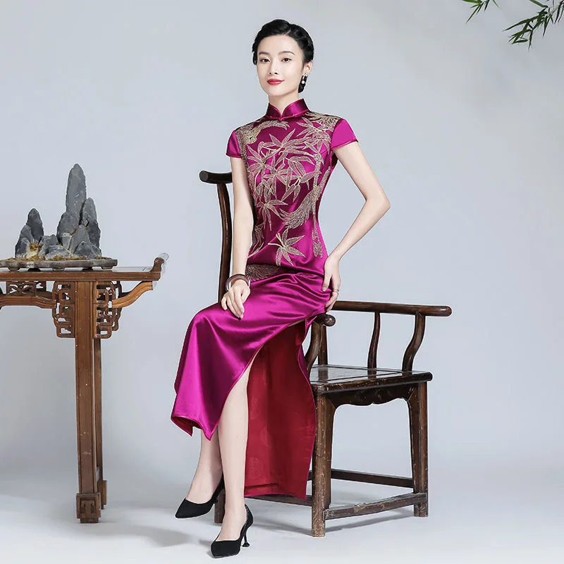 

Женское Вьетнамское Cheongsam Aodai с коротким рукавом, элегантное платье с цветочной вышивкой, свадебное вечернее платье, сценический костюм