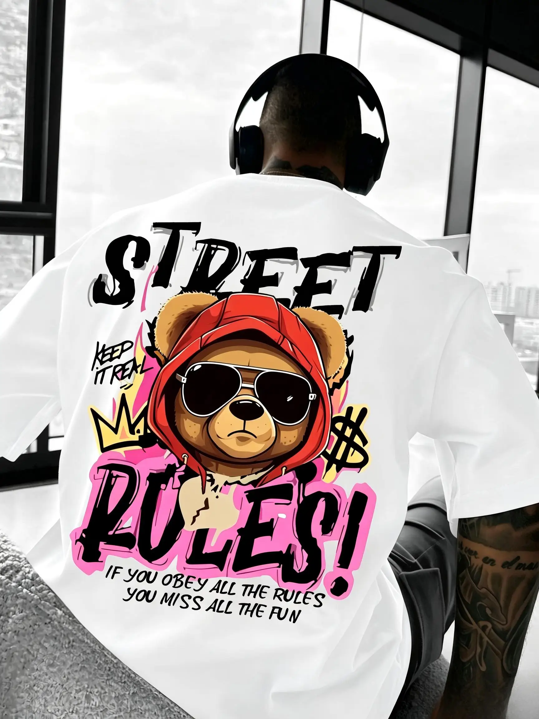 American Men's Summer Cool Skateboard Bear Letter Printed Micro Elastic Breathable Round Neck T-shirt Outdoor Street Style Top