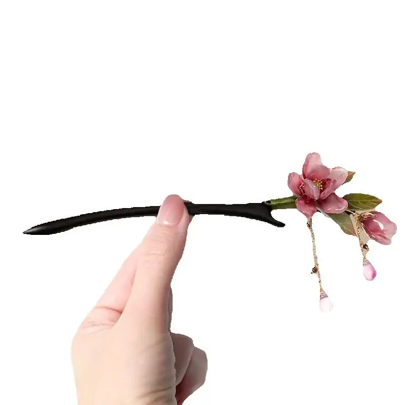 Épingle à cheveux florale de Style chinois, pompon de fleur rose, accessoire de cheveux élégant Hanfu traditionnel rétro pour femmes, fête quotidienne