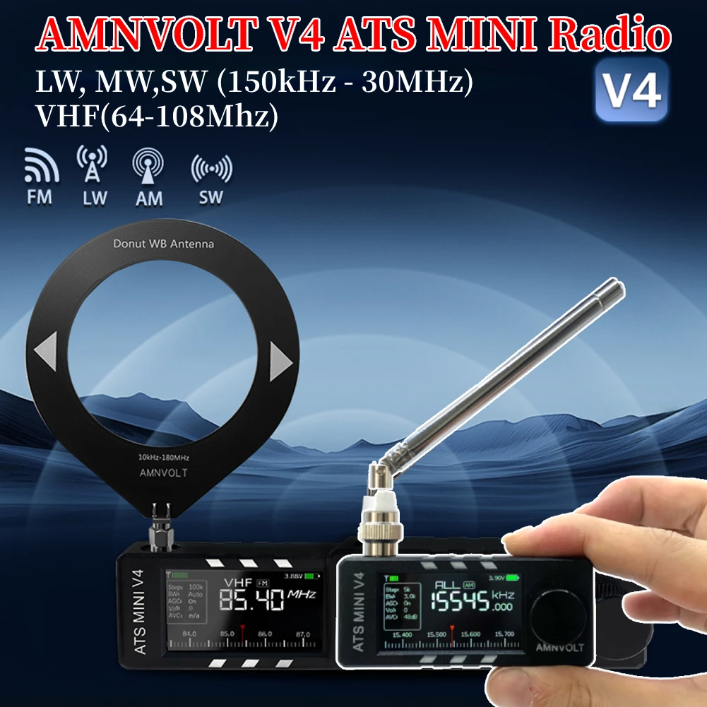 

Радио AMNVOLT V4 ATS MINI SI4732 DSP Радио с усилителем для наушников LSB USB Транзисторная карманная радиостанция 1,9-дюймовый IPS-экран ESP32-S3