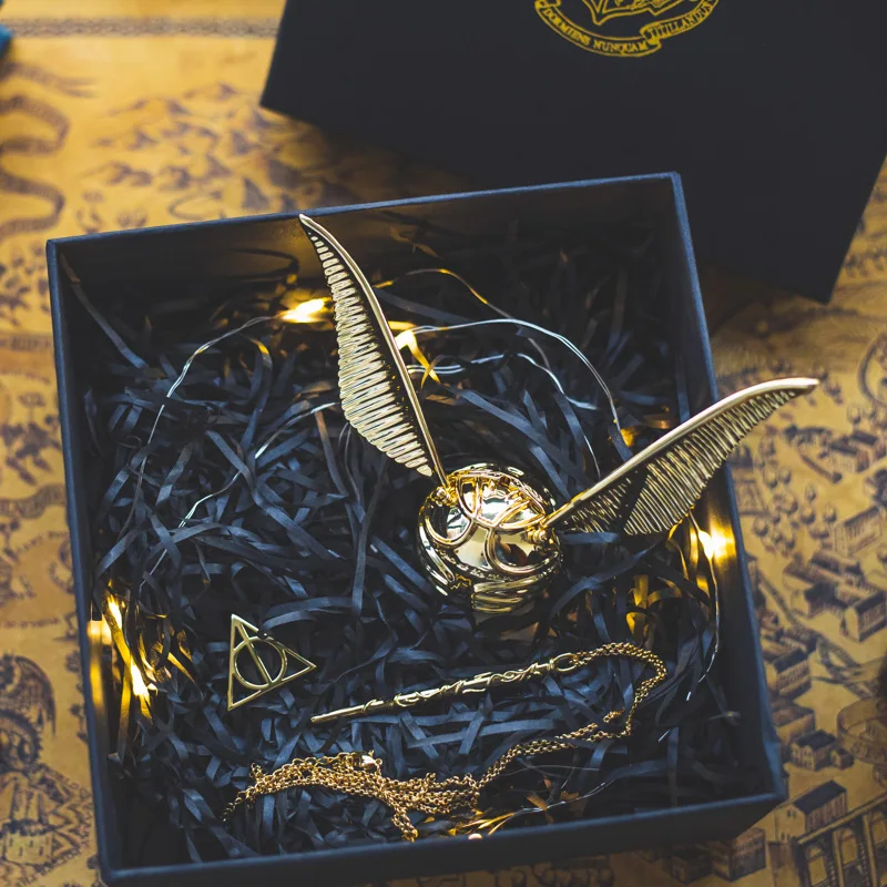 

HP Copper Plated Gold Jewelry Organizer Snitch Ball Wedding Ring Box Storage Holder Couple Gift With Magic Wand Pendant