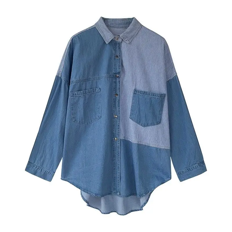 Korean Spring Autumn Female Clothing Striped Printed Denim Shirt Fashion Turn-down Collar Button Pockets Long Sleeve Mid Blouses