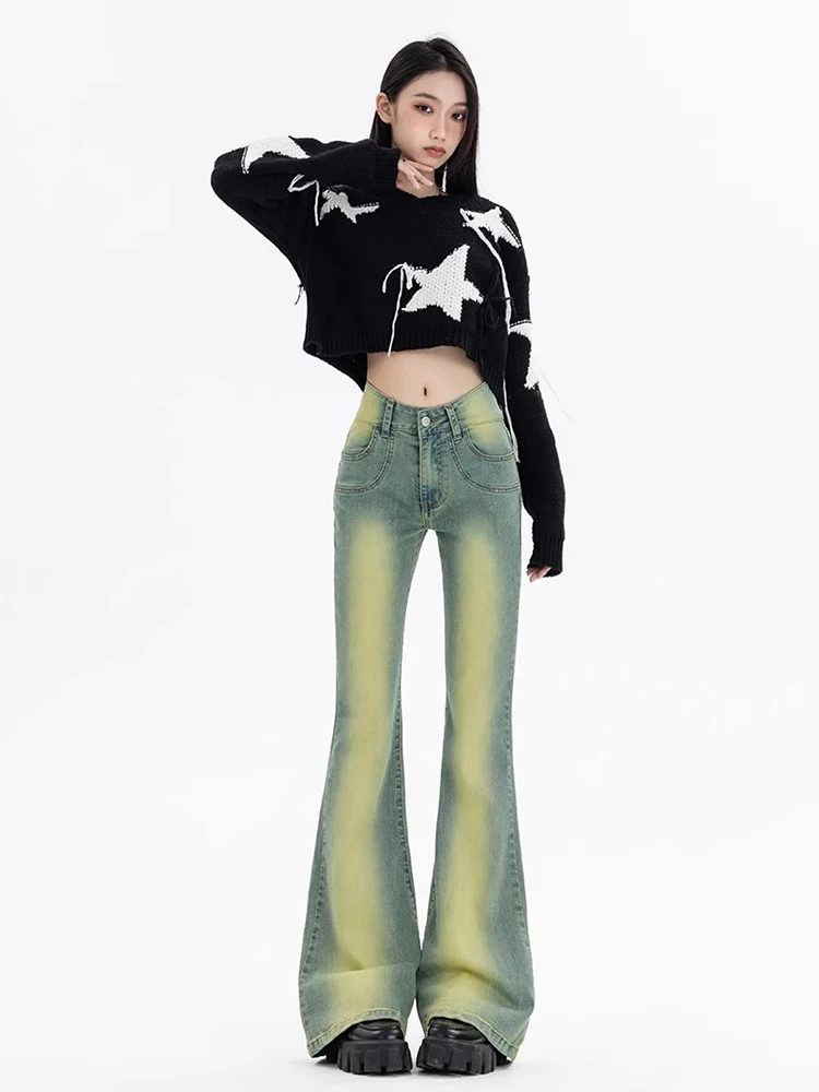 ReddaChic Ombre High Rise Stretchy Flare Jeans Women Green Wash Denim Slim Fit Bootcut Pants Bell Bottoms Vintage Y2k Streetwear