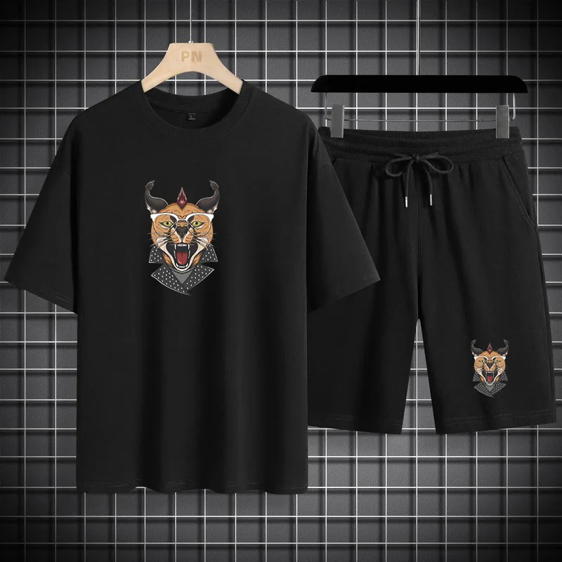 

Summer Outfits Men 2 Piece Set Men Cotton Cat Printed Tshirt Shorts Fitness Sportswear Casual Loose Shorts Jogging Sport Suit