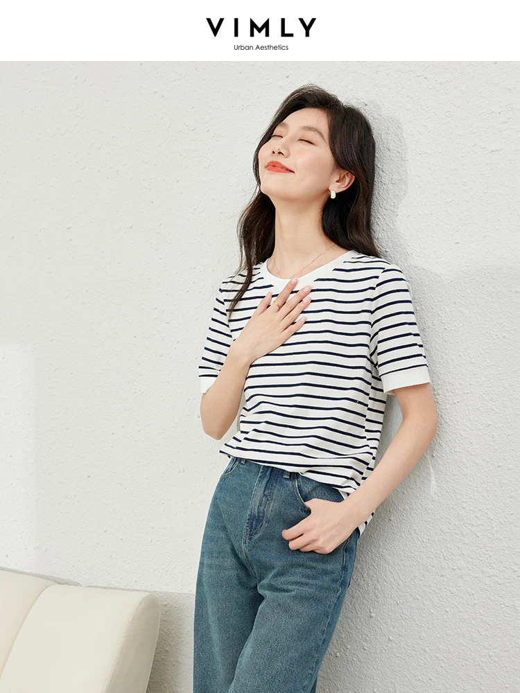 Vimly Contrast Striped Cotton Short Sleeve Women\'s T-shirt 2024 Summer Woman Simple Loose Casual Round Neck Pullovers Top M6563