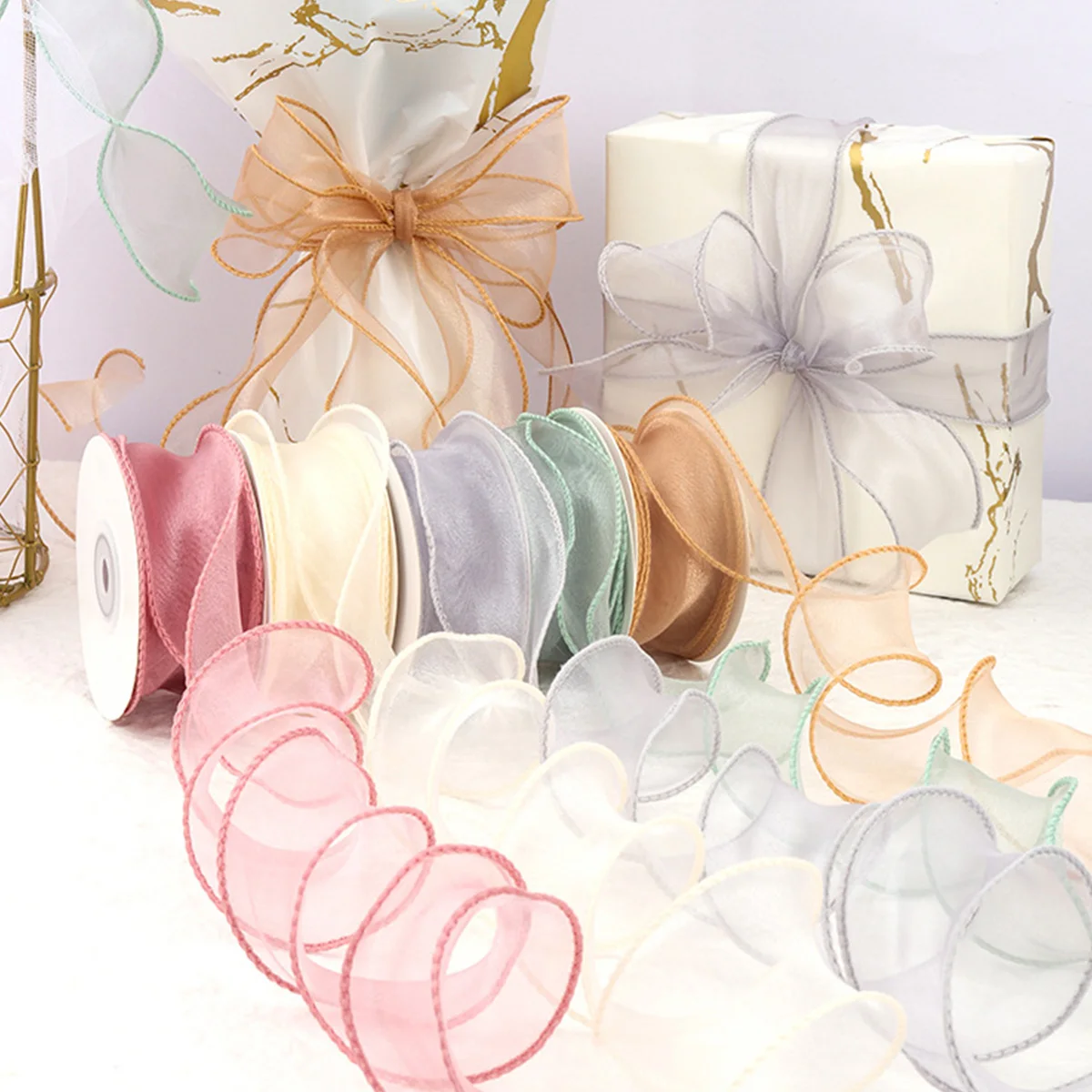 

10M Sheer Wired Organza Ribbons with Golden Edge Chiffon Ribbon Wrapping Gift Box Wedding Bridal Bouquet Christmas Decoration