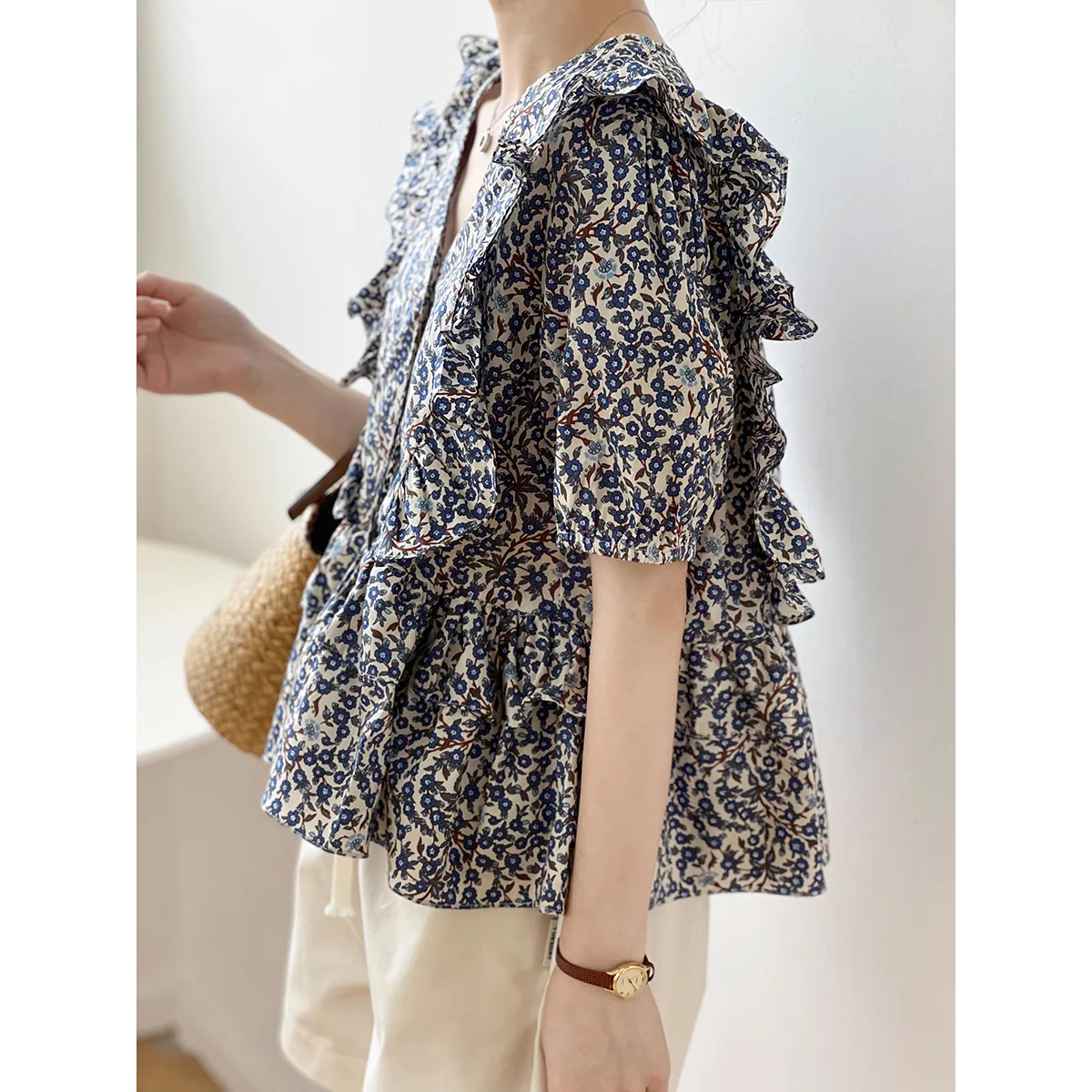 

Blouse Women Summer 2024 New Cute Flounced Short Sleeve Floral Print Knitted Straight V-Neck Blusas Womens Tops And Blouses